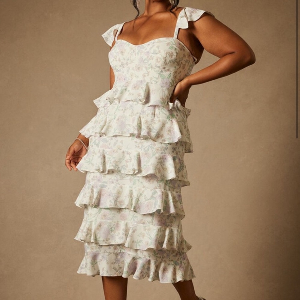 ELOQUII bridal corseted tiered dress floral print